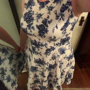 midi dress, navy blue flowers, modest full coverage cocktail dress size 12